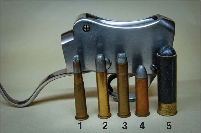 A GP and classic rifle rounds that it could  chamber: (1) 33 WCF, (2) 45-70, (3) 45-90,  (4) 50-70 and (5) Gils 12 bore ball cartridge.